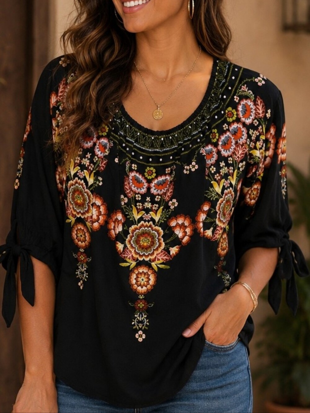 We The Free Floral Embroidered Boho Blouse Womens L Navy Blue & Orange Bell Slev